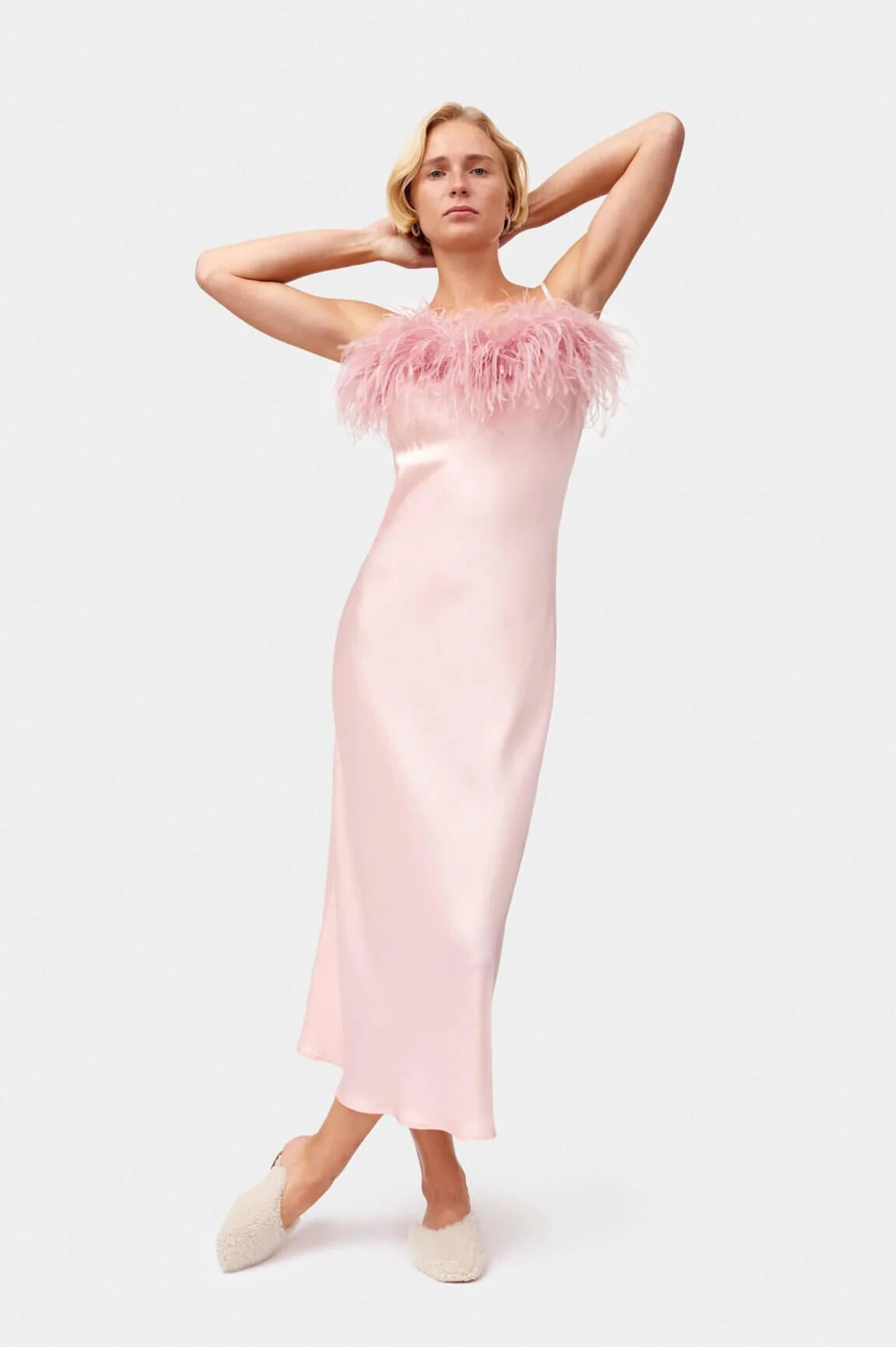 Sleeper Boheme Slip Dress With Feathers in Dust Pink | outdazl