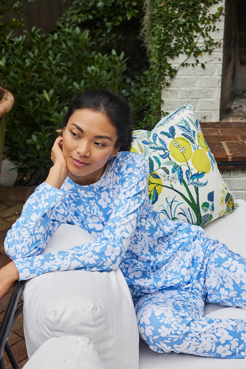 Pima Long-Long Weekend Set in Sky Floral | Lake Pajamas