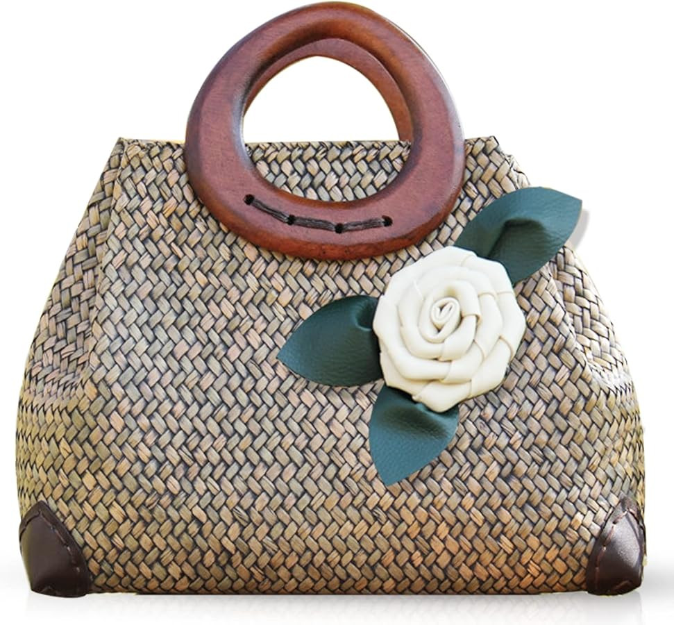 Beach Bag, Boho Handmade Rattan Handbag, Round Bamboo Handle and Silk Flower, Summer Large Straw ... | Amazon (US)