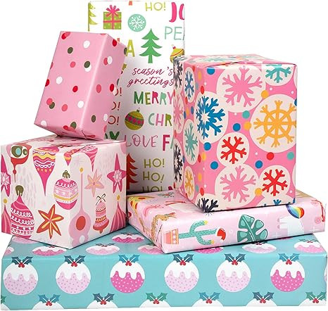 MAYPLUSS Christmas Wrapping Paper Large Sheet - Folded Flat - 6 Different Pink Design (45.2 sq. ... | Amazon (US)