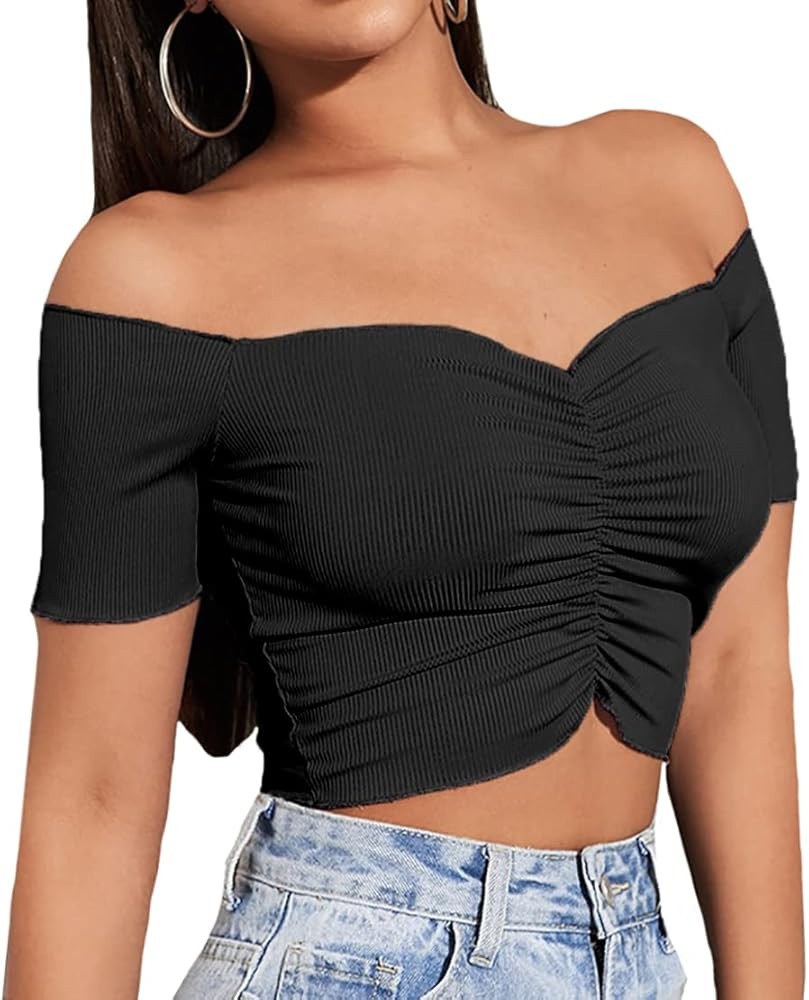 LYANER Women's Off Shoulder Ruched Short Sleeve Rib Knit Sexy Crop Top Blouse | Amazon (US)