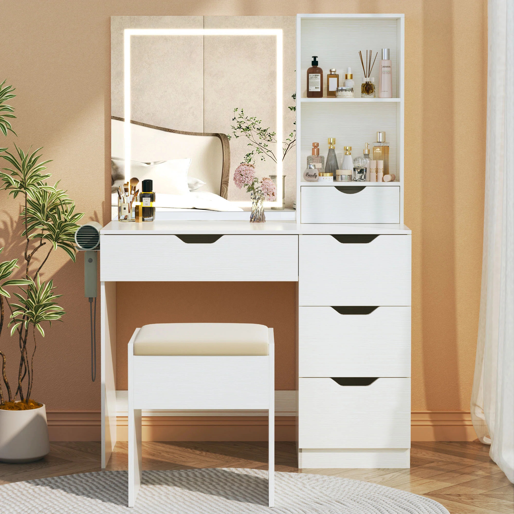 Wrought Studio™ Makeup Vanity with Lights and Chair & Reviews | Wayfair | Wayfair North America