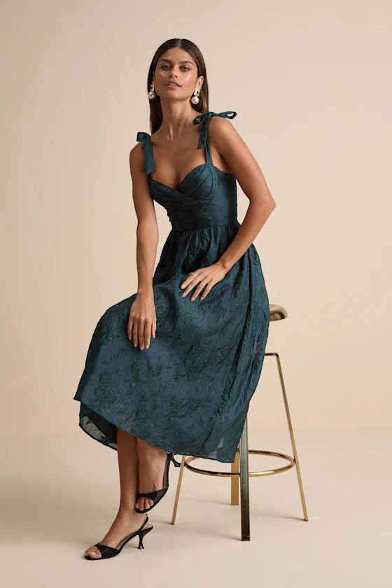 Loveliest Muse Dark Teal Burnout Floral Tie-Strap Midi Dress | Lulus