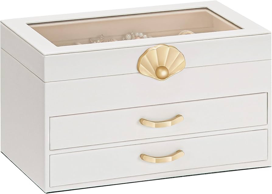 Jewelry Box with 2 Drawers: Display Organizer for Earrings Necklaces - Gift for Girls Women (Whit... | Amazon (US)