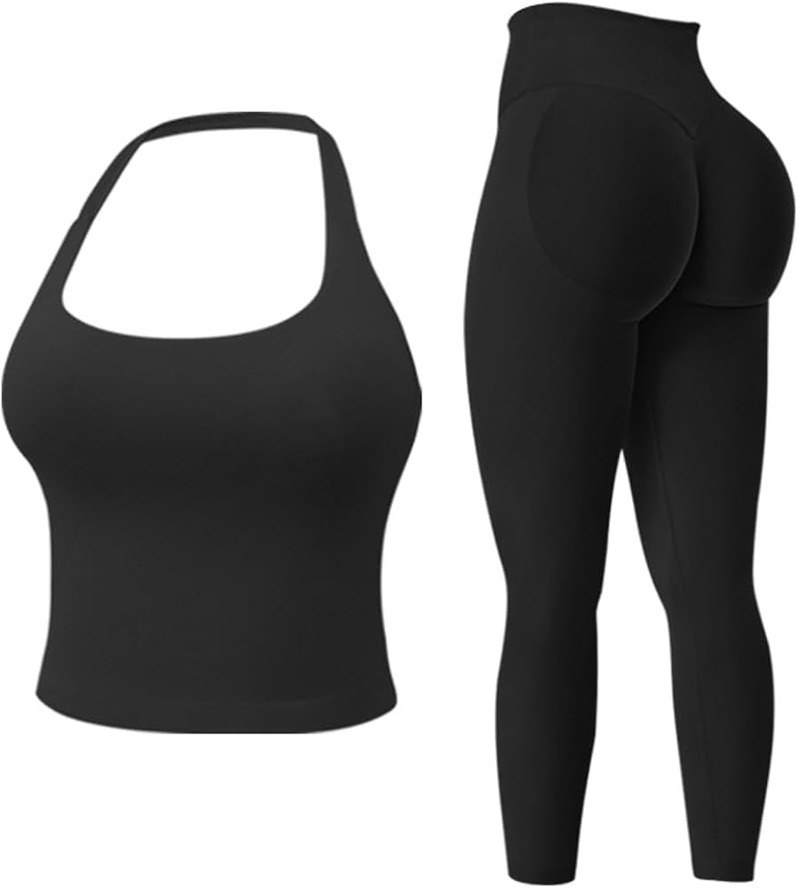 Workout Sets for Women 2 Piece Backless Sports Bras Halter Top Hidden Scrunch Leggings Yoga Outfi... | Amazon (CA)