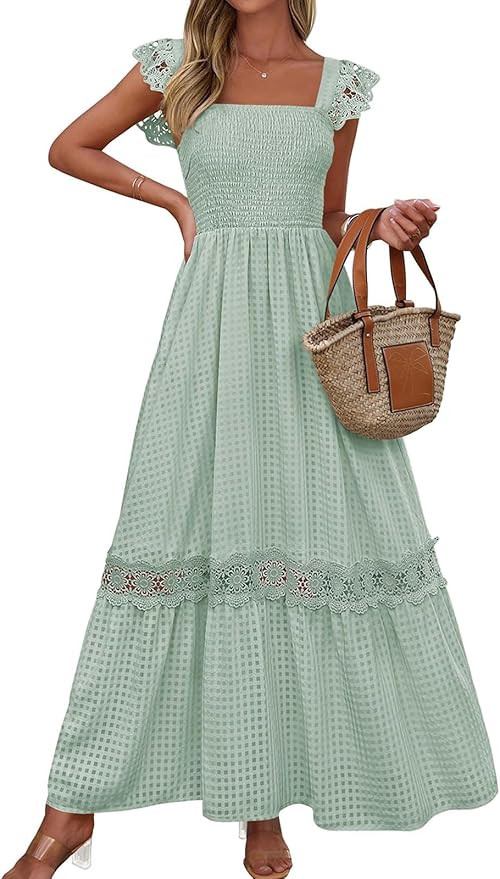 PRETTYGARDEN Women's Smocked Summer Maxi Dresses 2026 Ruffle Cap Sleeve Square Neck Lace Detail F... | Amazon (US)