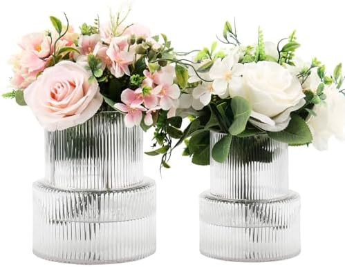Ribbed Glass Vases for Bouquet, Set of 2 Fluted Vases for Flowers, Clear Vase for Tulips, Modern ... | Amazon (US)
