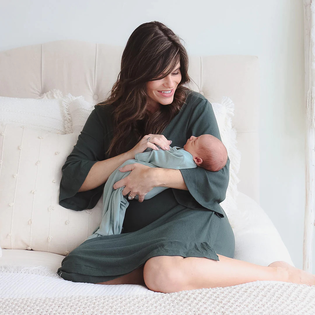 Forest Green Ribbed Bamboo Knit Maternity Robe | Caden Lane