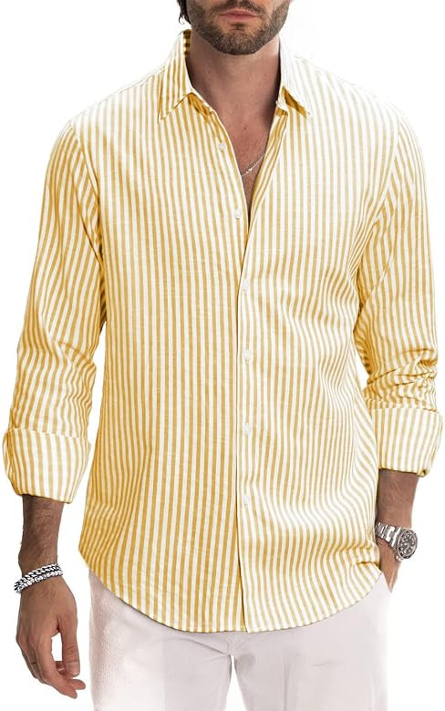 JMIERR Men's Linen Shirts Casual Long Sleeve Button-Down Striped Dress Shirt | Amazon (US)