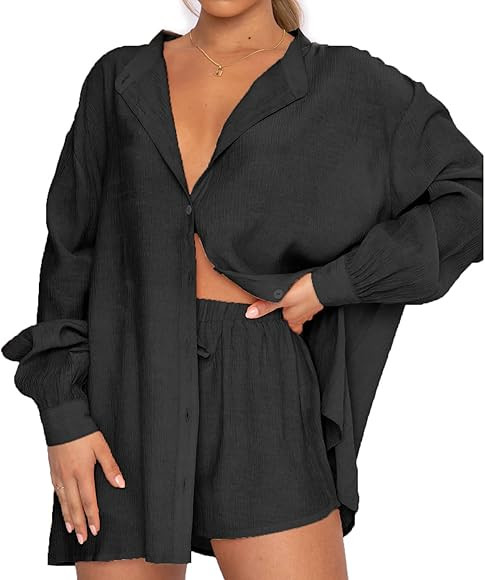 Women 2 Piece Outfits Shorts Set Long Sleeve Button Blouses Shirt Top High Elastic Waisted Shorts Su | Amazon (US)