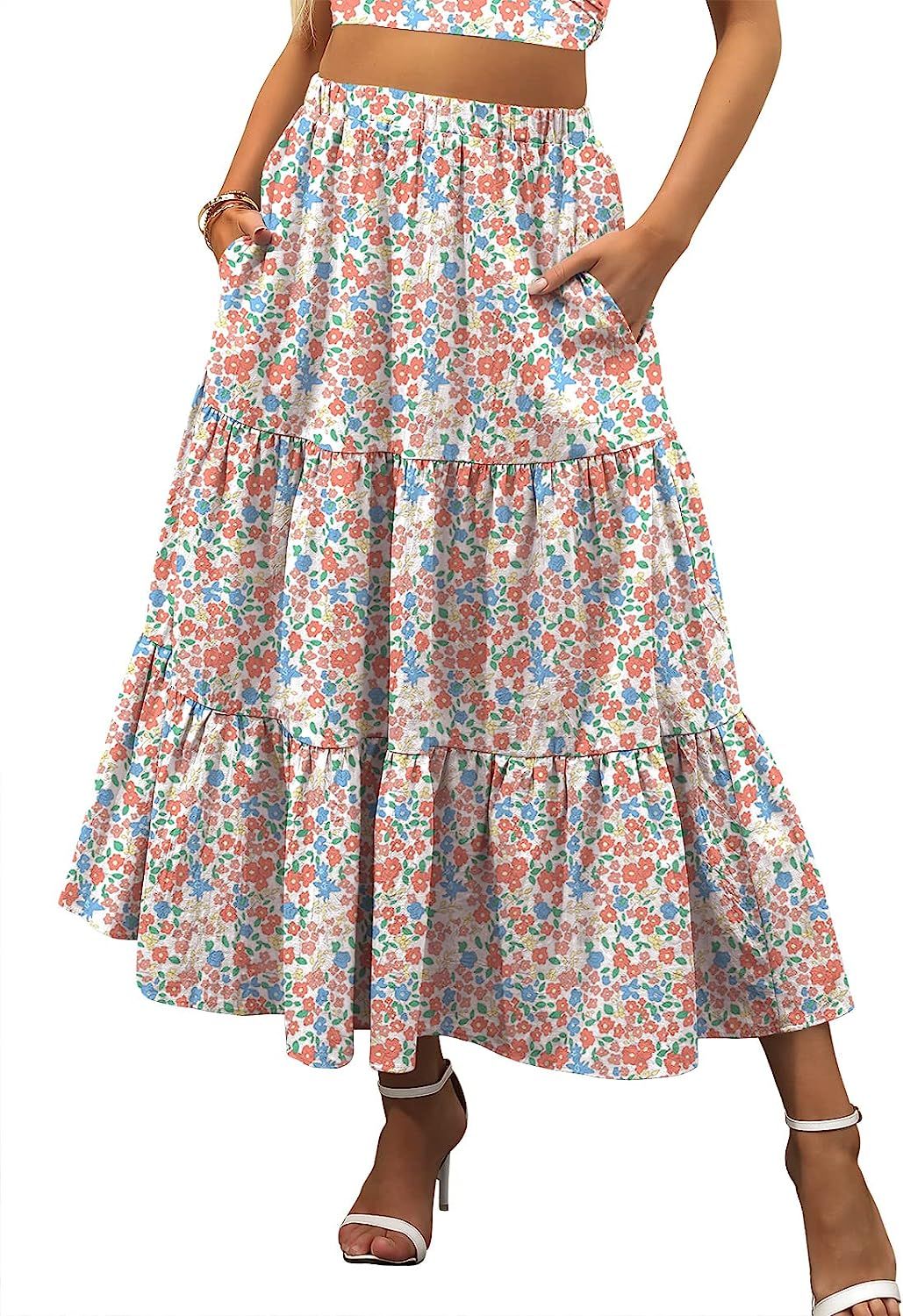 ANRABESS Women’s Summer Boho Elastic Waist Pleated A-Line Flowy Swing Tiered Long Beach Skirt D... | Amazon (US)
