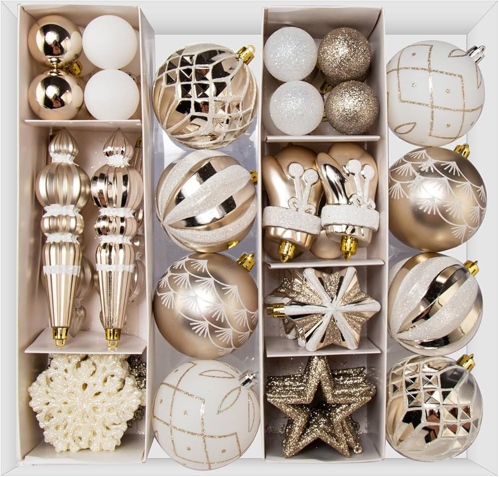 Christmas Ball Ornaments Set, 70ct 80mm Elegant Champagne Assorted Xmas Tree Ball Ornaments, Shat... | Amazon (US)