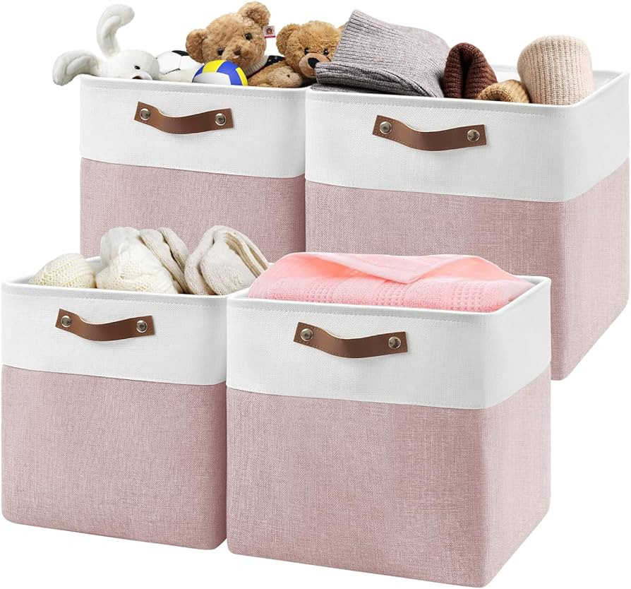13 Inch Cube Storage Bins,Set of 4, Foldable Storage Basket with PU Handles for Organizing Home, ... | Amazon (US)