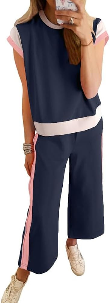 SHEWIN Women's 2 Piece Lounge Sets Casual Short Sleeve Pullover Tops Matching Wide Leg Pants Trac... | Amazon (US)