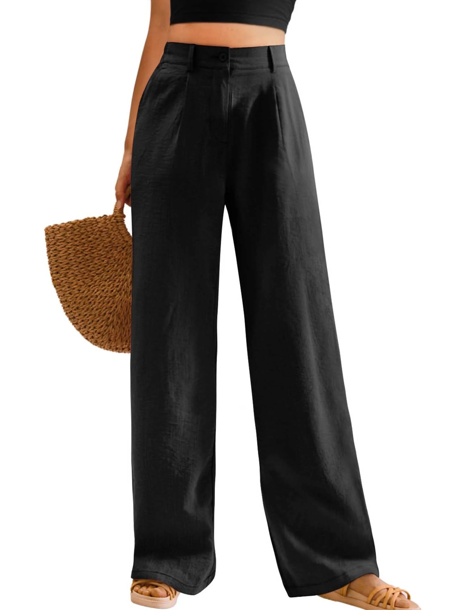 Womens Casual Wide Leg Pants High Waisted Button Down Straight Long Trousers Palazzo Pants | Walmart (US)