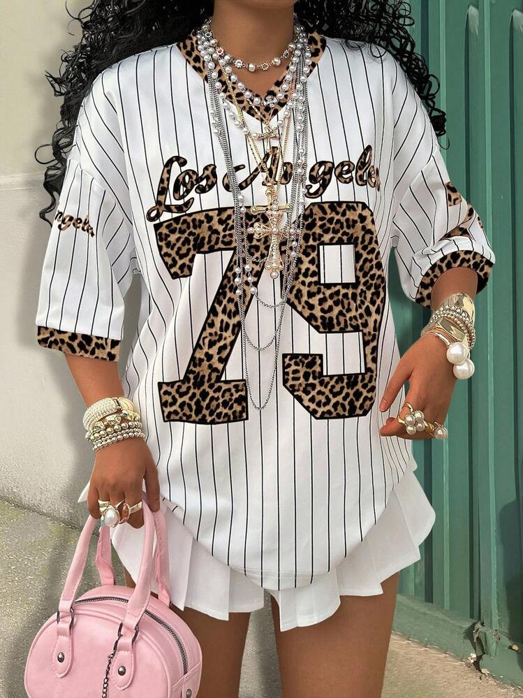 Rovax Plus Size Casual Striped Leopard Print Alphabet & Numeral Graphic T-Shirt Graphic Cheetah Print Tees Women Tops | SHEIN