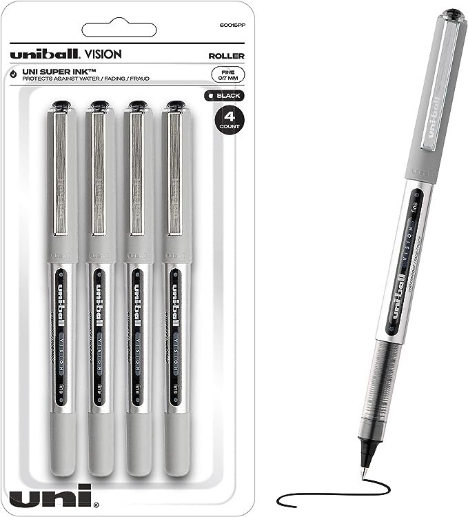 Uniball Vision Rollerball Black Pens Pack of 4, Fine Point Pens with 0.7mm Medium Black Ink, Ink ... | Amazon (US)
