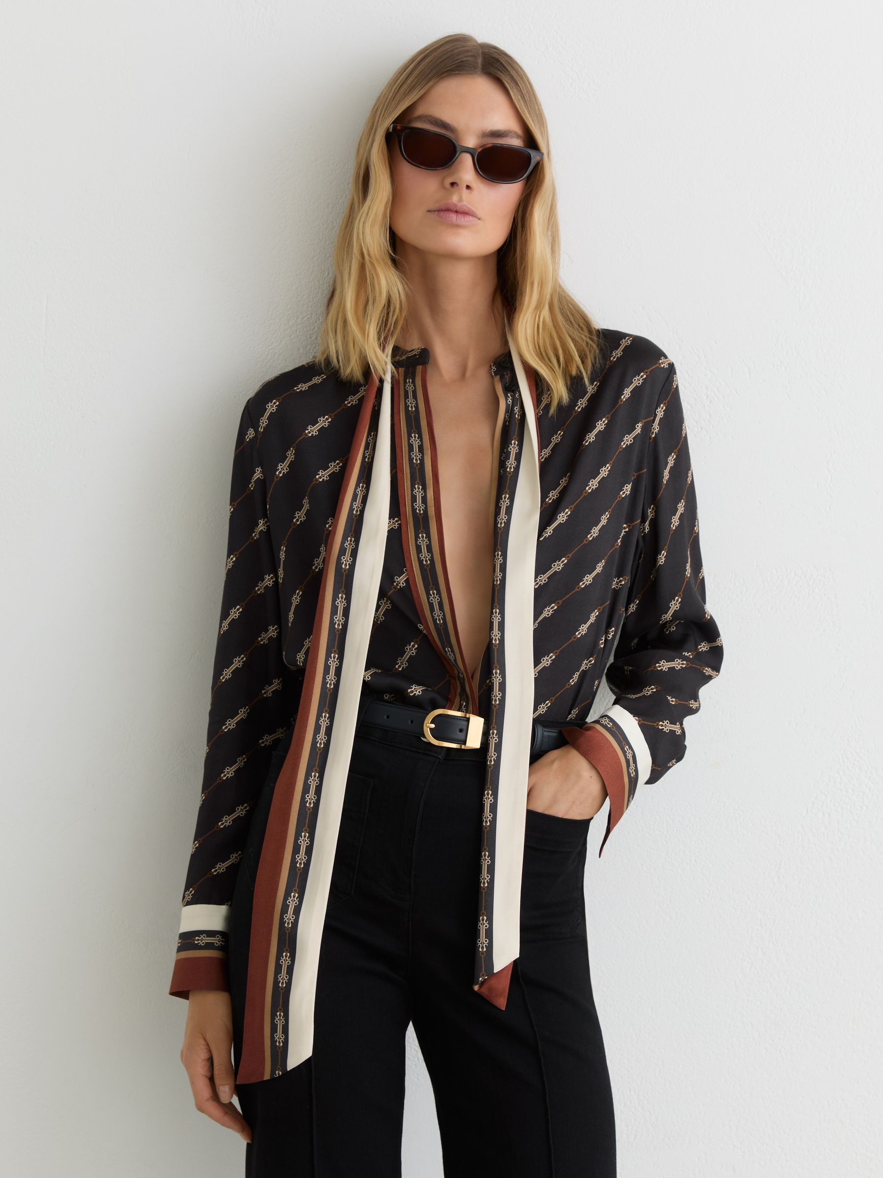 Reiss Chain-Print Tie-Neck Shirt in Black | REISS | Reiss US