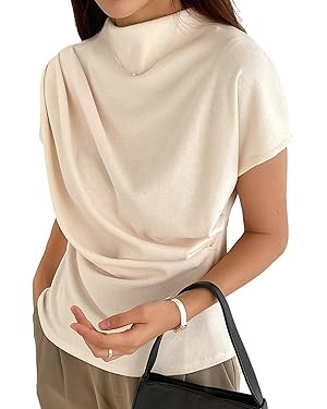 OYOANGLE Women's Ruched Draped Front Mock Neck Short Sleeve Solid Tee Shirt Top | Amazon (US)