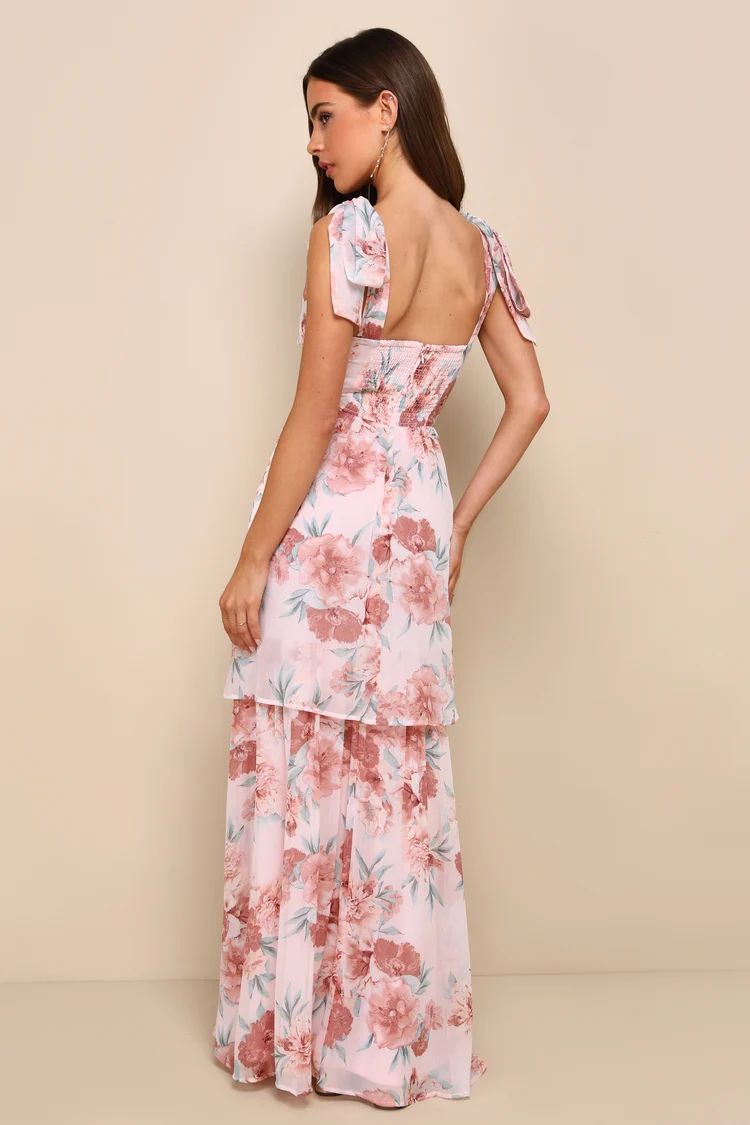 Phenomenal Poise Light Pink Floral Tie-Strap Tiered Maxi Dress | Lulus