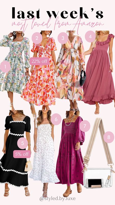 Last week’s most loved from Amazon!

Mini dress, midi dress, maxi dress, floral dress, spring dress, clear purse 

#LTKSeasonal #LTKstyletip #LTKfindsunder50