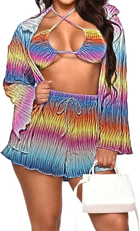 Qosmon 3 Piece Outfits For Women Candy Solid Color Bra And Wide Leg Pants With Cardigan Shirt Lon... | Amazon (US)