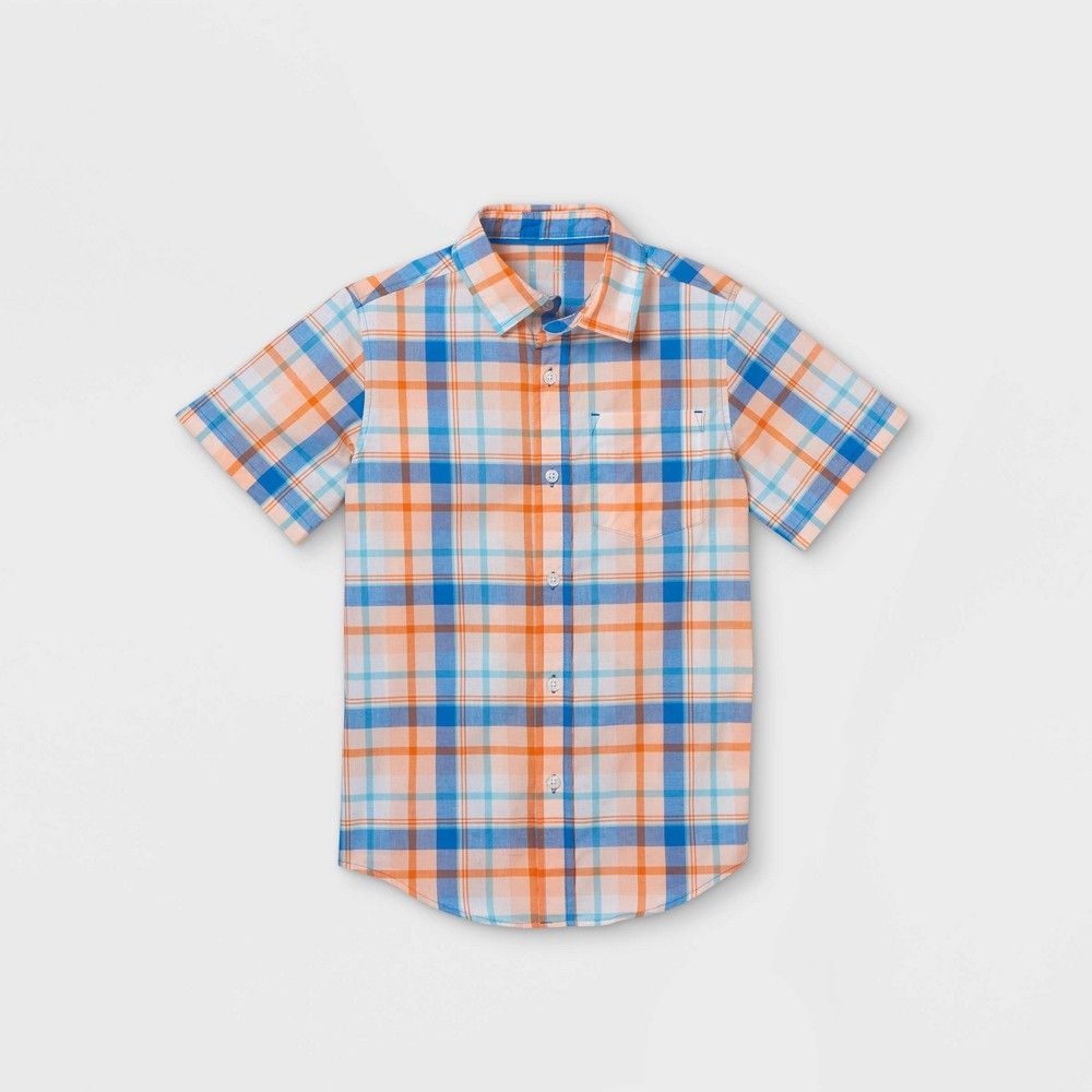 Boys' Plaid Button-Down Short Sleeve Shirt - Cat & Jack™ Orange/Blue | Target