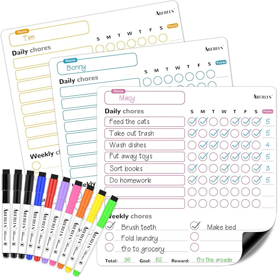Magnetic Chore Chart, 3 Pcs Dry Erase Behavior Charts & 10 Markers, Reward Chart for Multiple Kid... | Amazon (US)