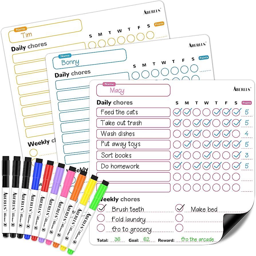Magnetic Chore Chart, 3 Pcs Dry Erase Behavior Charts & 10 Markers, Reward Chart for Multiple Kid... | Amazon (US)