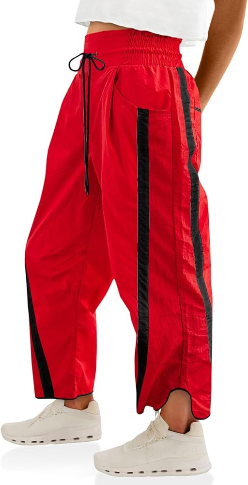 Fisoew Women's Baggy Wide Leg Pants Casual Drawstring Elastic Waisted Contrast Color Workout Y2K ... | Amazon (US)