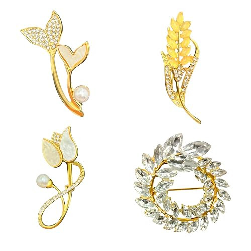 4pcs Wreath Crystal Rhinestones Brooches For Women Elegant Wheat Spike Brooch pin White Pearl flower brooch Safety Pin Wedding Bridal Brooches | Amazon (US)