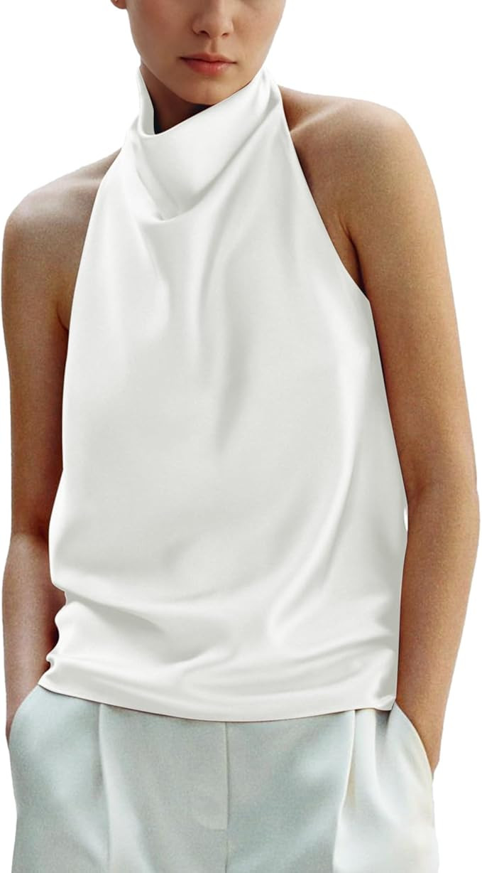 Women's Silk Satin Tank Tops Halter Draped Front Sexy Backless Womens Summer Tops Elegant Camisol... | Amazon (US)