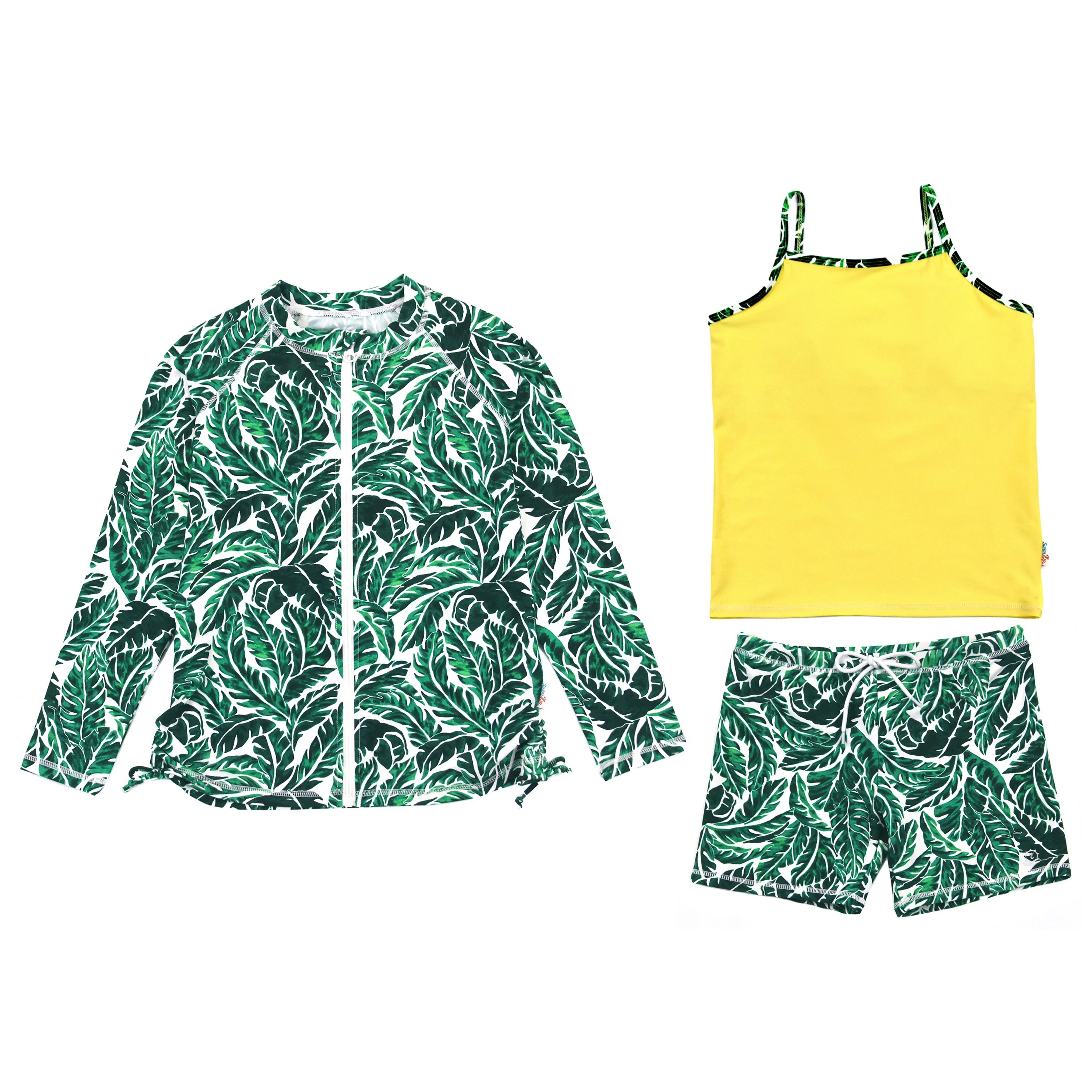 Girls Long Sleeve Rash Guard with Tankini + Shorts Set (3 Piece) | "Palm Leaf" | SwimZip