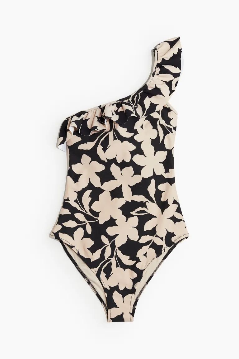 Padded-cup One-shoulder Swimsuit - Black/beige patterned - Ladies | H&M US | H&M (US + CA)