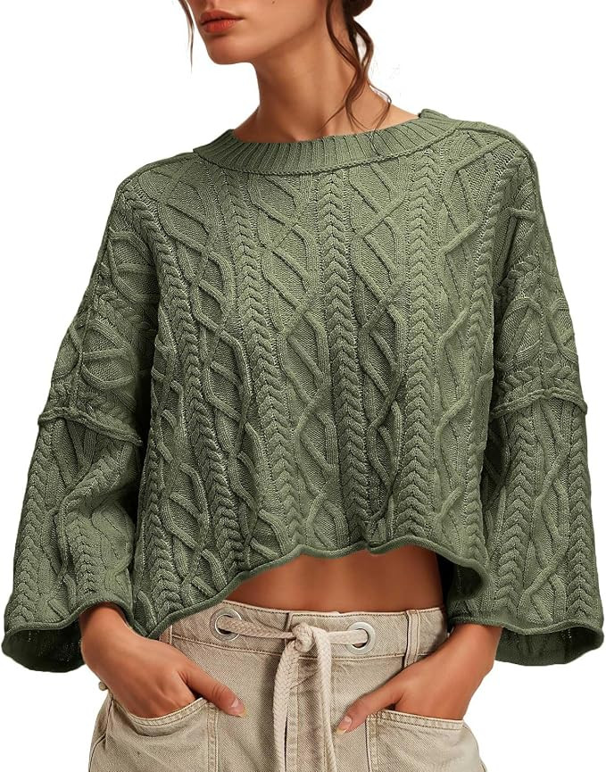 Women's Cable Knit Cropped Sweaters Oversized Fall Sweater Long Sleeve Knit Trendy Pullover Tops | Amazon (US)