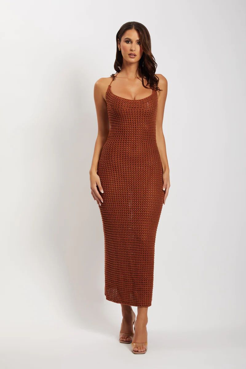 Debra Cowl Neck Crochet Midi Dress - Biscuit | MESHKI US