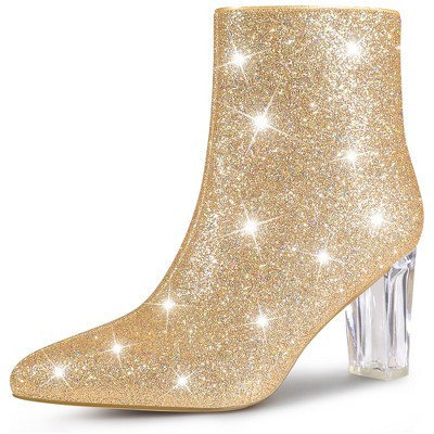 Perphy Women's Sparkly Glitter Upper Side Zipper Clear Block Heel Ankle Booties Gold 7 | Target