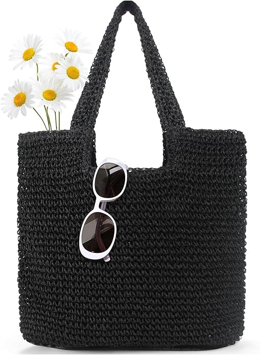 Straw Bag Beach Tote Handbag for Women Large Summer Woven Raffia Bag with Zipper | Amazon (US)