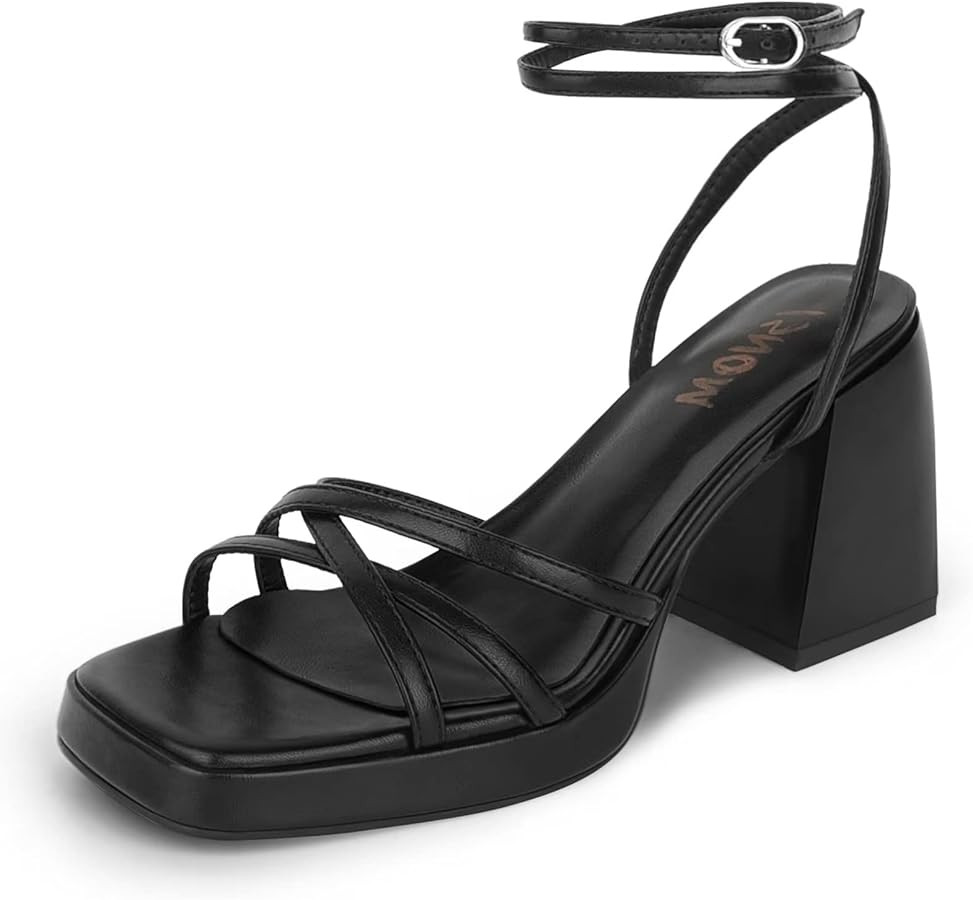 ISNOM Black Platform Heels for Women Heeled Sandals with Lace Up Strappy Ankle Strap Square Open ... | Amazon (US)