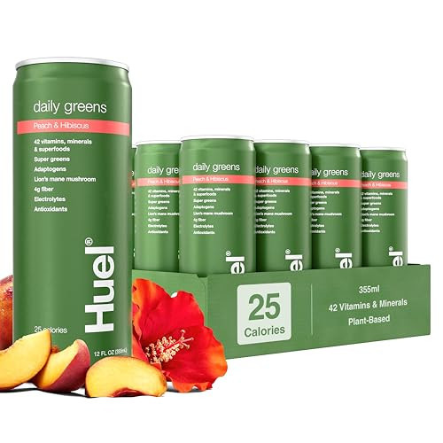 Huel Daily Greens Ready-to-Drink | Peach Hibiscus Superfood Greens | 91 Vitamins, Minerals, and Wholefood-Sourced Ingredients | Adaptogens, Antioxidants, Gut-Friendly Probiotics | 12 Fl Oz, 12 Pk | Amazon (US)