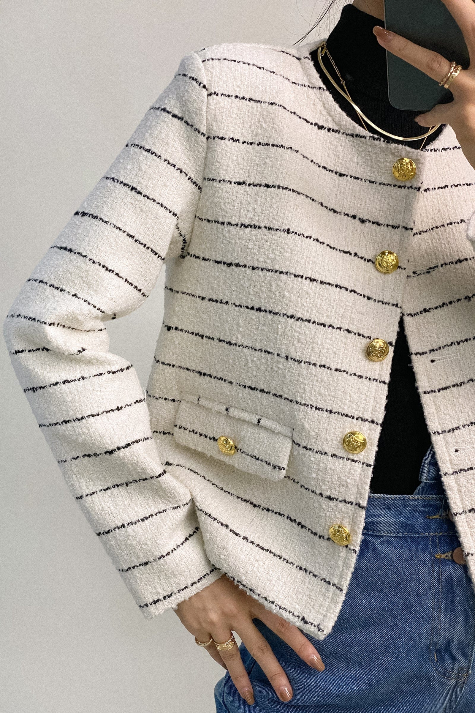 White Striped Tweed Jacket With Gold Buttons | J.ING