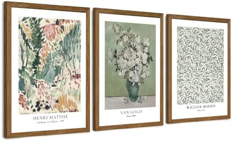JLTULT 3 Piece Vintage Sage Green Canvas Wall Art, Van Gogh Matisse Wall Decor, Botanical Paintin... | Amazon (US)