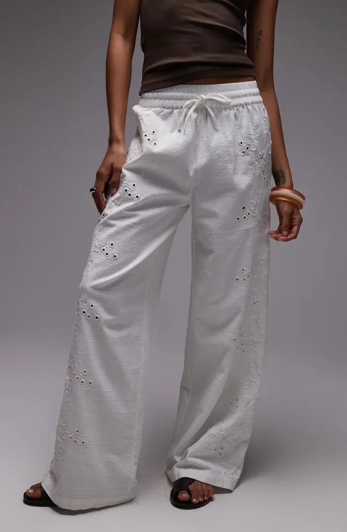 Topshop Eyelet Embroidered Wide Leg Cotton & Linen Drawstring Pants | Nordstrom | Nordstrom