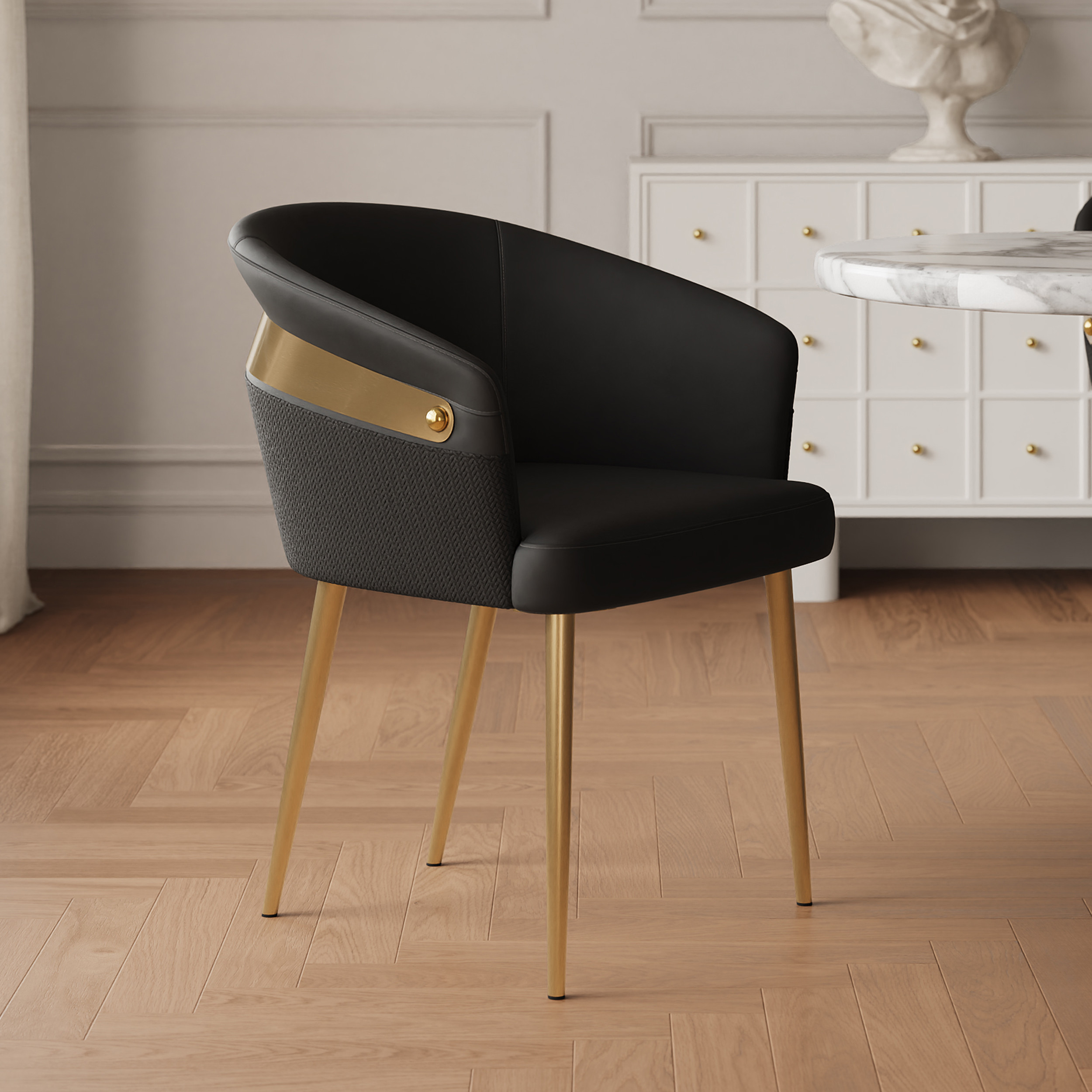 Modern Black PU Leather Dining Chair Curved Back with Gold Legs | Homary