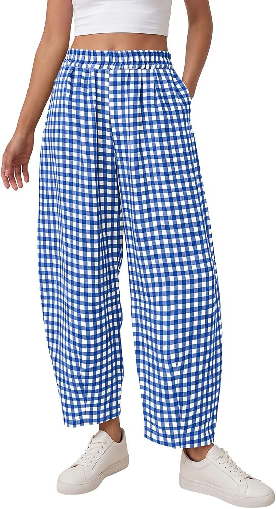 PRETTYGARDEN Plaid Barrel Pants Women Summer 2026 Casual Loose Wide Leg Lounge Gingham Trousers S... | Amazon (US)