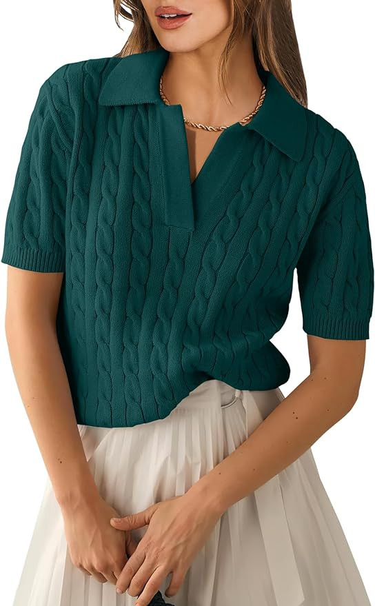 ANRABESS Women's Short Sleeve Sweaters Tops Polo V Neck Cable Knit Casual Soft Pullover Shirts 20... | Amazon (US)