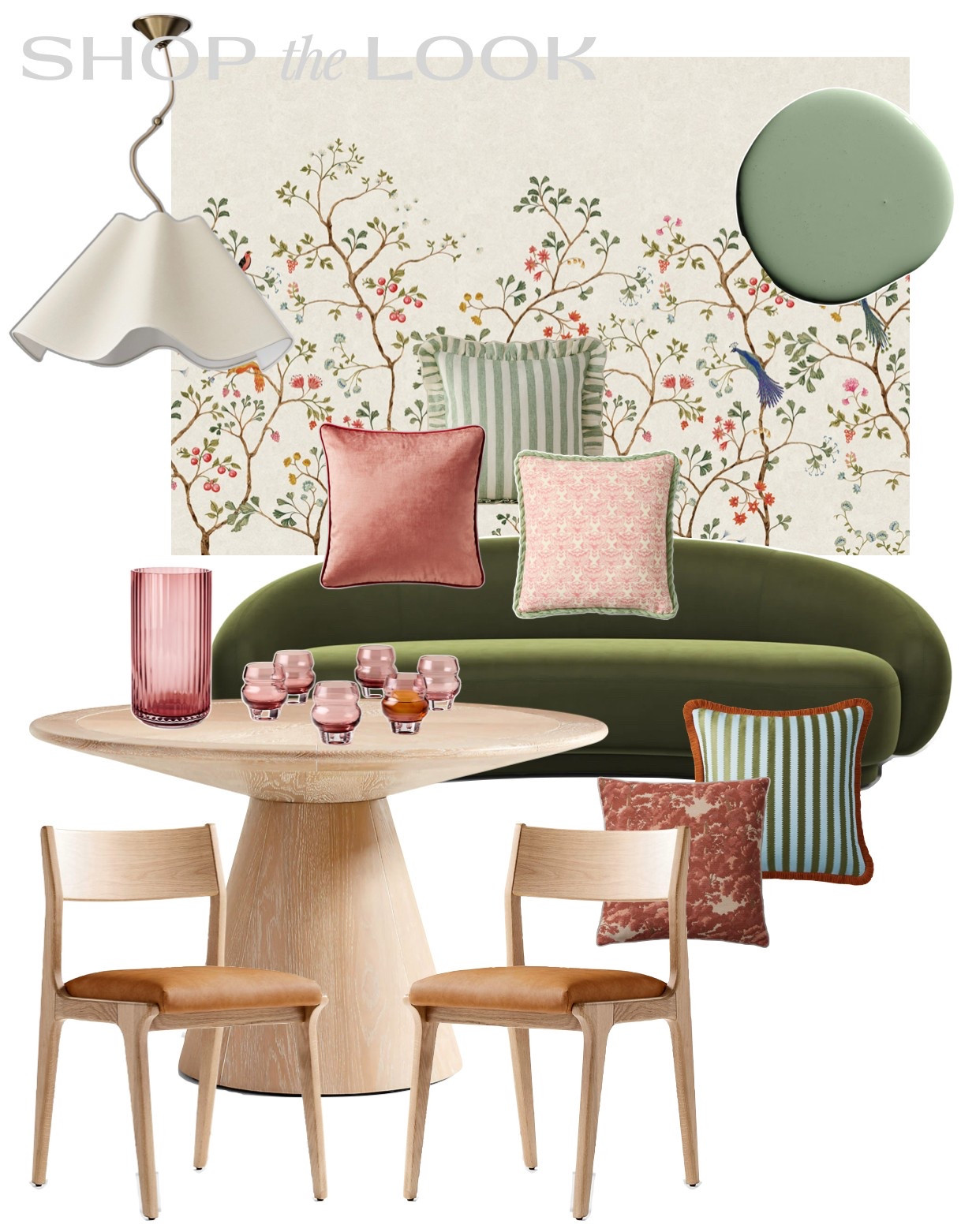 Eclectic London kitchen dining room nook design with green velvet curved sofa banquette, light wood round pedestal dining table, white oak and leather dining chairs, pink glassware, floral wallpaper mural, and a fabric pendant light 

#LTKHome #LTKStyleTip