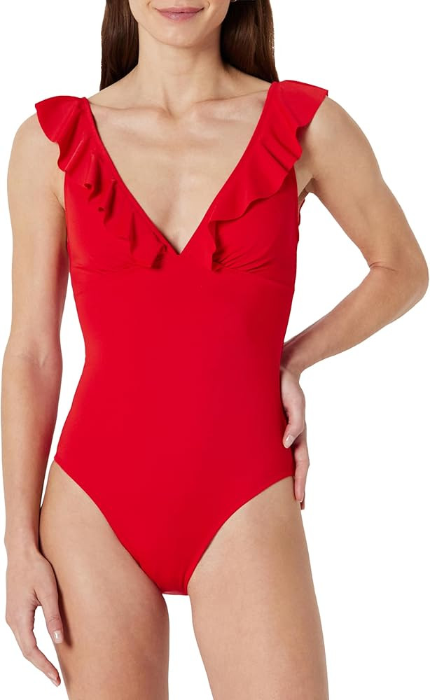 Amazon Essentials Women's Ruffle V-Neck One-Piece Swimsuit | Amazon (US)