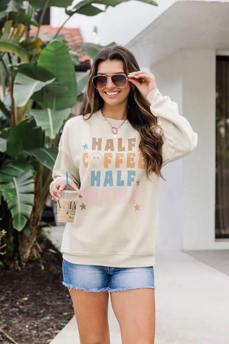 Half Coffee and Half Mama Light Tan Oversized Graphic Sweatshirt | Pink Lily