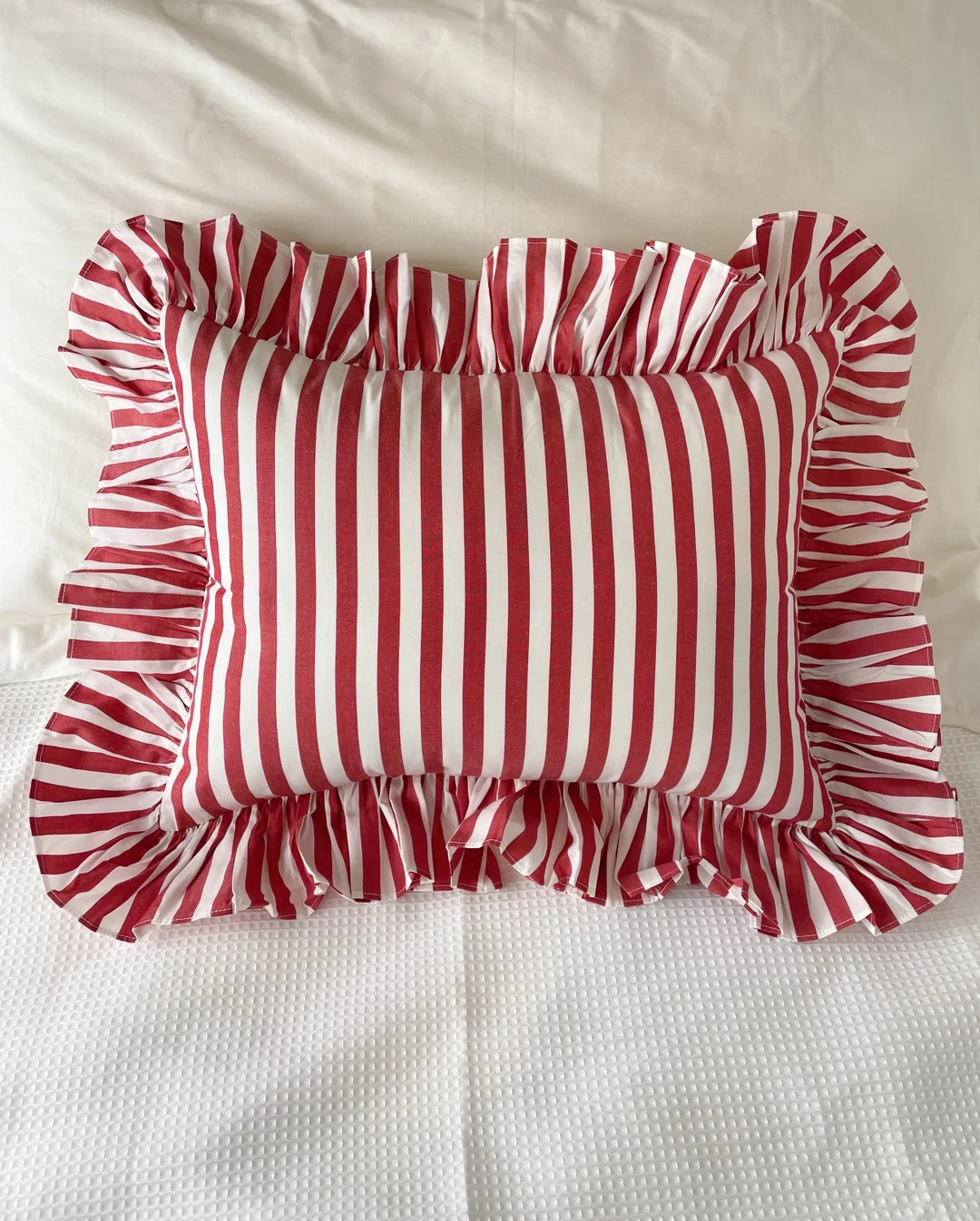 Red Stripe Ruffle Cotton Cushion - Etsy | Etsy (US)